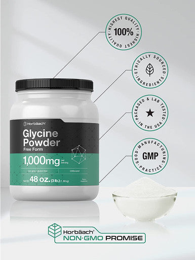 Glycine Powder 3 lbs | Free Form Supplement | Unflavored Powder | Vegetarian, Non-GMO, Gluten Free | by Horbaach