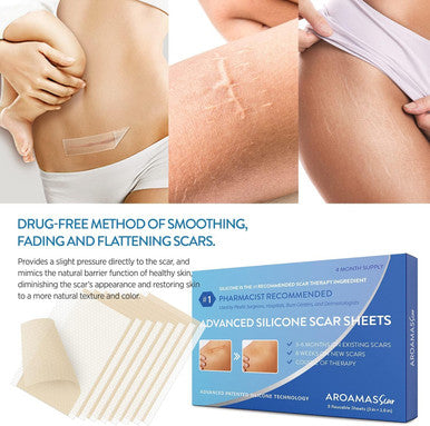 Aroamas Scar Silicone Scar Tape Softens and Flattens Scars From Surgery, Injury, Burns, C-Section, Scratch Marks Reusable Medical-Grade Silicone Scar Sheets For All Skin Types 3"X1.57", 8 Sheets