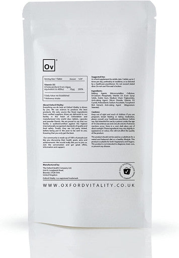 Vegan Vitamin D3 400iu Tablets | Muscles, Immunity, Bones, Teeth | Oxford Vitality (365)