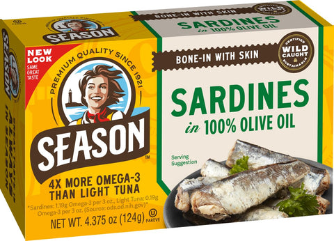 Season Sardines in Water No Salt Added Wild Caught 22g of Protein Keto Snacks More Omega 3's Than Tuna Kosher High in Calcium Canned Sardines 4.37 Oz Tins 12Pack