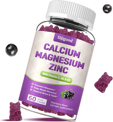 Calcium Magnesium Zinc Gummies - 1000Mg Calcium With Vitamin D3 & K2, Calcium Citrate Gummies For Bone, Muscle, Calm & Zzz Support -High Absorption Magnesium, Elderberry Flavored, 60 Count