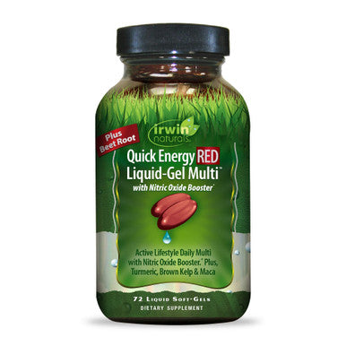 Irwin Naturals Quick Energy Red Liquid-Gel Multi With Nitric Oxide Booster - High Potency Multivitamin Multi-Mineral Nutrient Support - Super Foods Maca Beet Turmeric & More - 72 Liquid Softgels