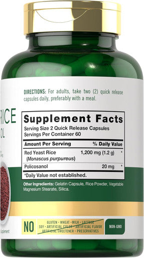 Carlyle Red Yeast Rice Complex | 1220mg | 120 Capsules | with Policosanol | Non-GMO and Gluten Supplement