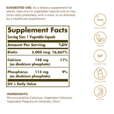 Solgar Biotin 5000 Mcg - 50 Vegetable Capsules Pack Of 2 - Supports Healthy Skin Nails & Hair - Non-Gmo Vegan Gluten Free Dairy Free Kosher - 100 Total Servings