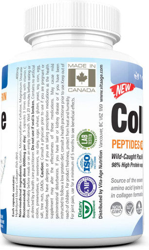 Vita-Age Premium Marine Wild Fish Collagen 4800mg 90% High Protein Content 120 Count, 100% Pure Hydrolyzed Collagen
