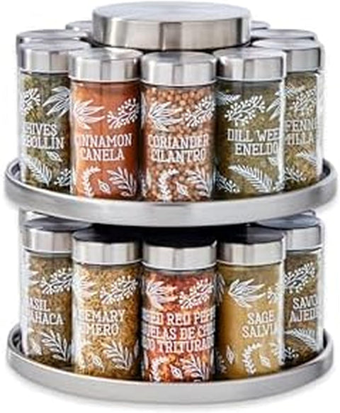 Kamenstein 20 Jar Revolving Countertop Spice Rack with Spices Included, FREE Spice Refills for 5 Years, Polished Stainless Steel with Black Caps, 30020