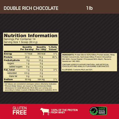 Optimum Nutrition (On) Gold Standard 100% Whey Protein Powder - 1 Lb (Double Rich Chocolate)