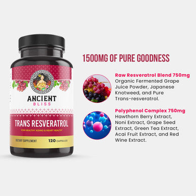 Ancient Bliss Resveratrol Powerful Antioxidant Supplement With Green Tea, Grape Seed Extract, Cardiovascular, Vitality & Immune Support Supplement For Men & Women