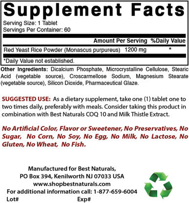 Best Naturals Red Yeast Rice 1200 mg (Non-GMO) 120 Tablets - Non Irradiated Citrinin