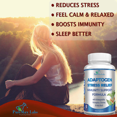 YUMMYVITE Adaptogen Stress Relief Immune Support Formula - Adaptogenic Adrenal Support With Ashwagandha, Astragalus, Ginseng, Holy Basil, Rhodiola, Amla, Maca, Schisandra, Non-Gmo - 60 Capsules