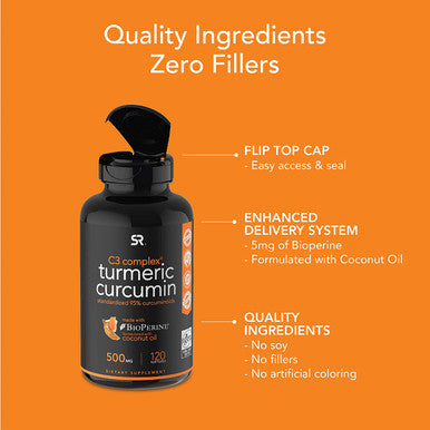 Turmeric Curcumin C3 Complex 500mg Enhanced with Black Pepper Organic Coconut Oil for Better Absorption NonGMO Gluten 120 Count