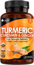 Turmeric Tablets 2600Mg High Strength With Black Pepper & Ginger (6 Months Supply) Active 95% Turmeric Curcumin Supplements 365 Tablets Not Capsules, Vegan, Uk Made By Leaf