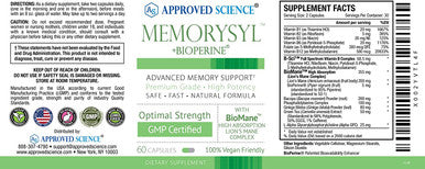 Approved Science MemorySyl Memory Boosting Supplement Improve Focus and Concentration Protect Against Cognitive Decline with Lions Mane and BioPerine 3 Month Supply Vegan