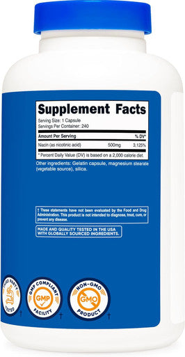 Nutricost Niacin (Vitamin B3) 500Mg, 240 Capsules - With Flushing, Non-Gmo, Gluten Free