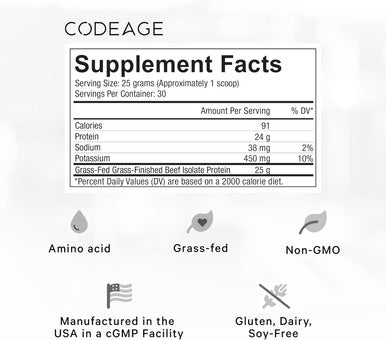 Codeage Grass-Fed Beef Isolate Protein Powder Supplement - 20 Amino Acids Collagen-Rich - Athletes & Sports - Unflavored Carnivore Protein Supplement BCAA & EAA Supplement - Gluten- - 26.45 oz