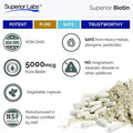 Superior Labs Best Natural Biotin NonGMO Supplement for Luscious Longer Hair and Lashes Stronger Nails Healthy Skin Energy Booster Healthy Weight 5000 mcg 120 Vegetable Caps