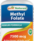 Best Naturals Methyl Folate 7500 mcg (7.5mg) (Most Bio-Available) Veggie Capsule - Supports Cell Formation Growth Function Brain Memory Cardiovascular Health 60 Count