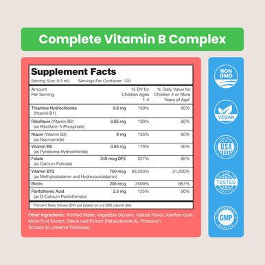 NutraChamps Vitamin B Complex for Kids B1, B2, B3, B6 B7 B9 & Methyl B12 Kids B Complex Liquid Drops Supplement Energy Focus Metabolism Natural Berry 120 Servings 4 Month Supply