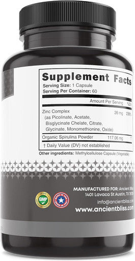 Zinc Complex Capsules With Enhanced Absorption, Antioxidant & Immune Support Supplement, Zinc Supplement For Men & Women By Ancient Bliss (60 Capsules)