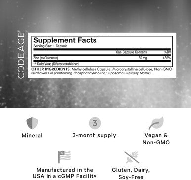 Codeage Liposomal Zinc Supplement 3 Month Supply One Per Day - 50 Mg Zinc Gluconate Vitamin Pills - Essential Mineral Supplements Zinc Plus Liposomal Delivery Matrix - Vegan Non-Gmo - 100 Capsules