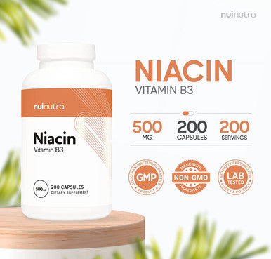 Nui Nutra Niacin (Vitamin B3) Supplement | 500mg | 200 Capsules | Nervous & Cardiovascular System Boost | Skin, Brain, Energy, and Metabolism Support | with Flushing