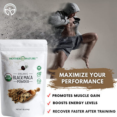Mother Nature Organics Superfoods for Organic Living Organic Raw Black Maca Root Powder Premium Usda Certified Ideal For Men and Women Boost Workouts Enhance Muscle Recovery Non-Gmo Vegan Superfood