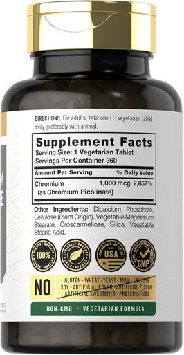 Carlyle Ultra Chromium Picolinate 1000mcg | 360 Tablets | Vegetarian Non-GMO Gluten