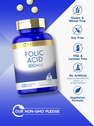 Carlyle Folic Acid 800 Mcg Tablets | 400 Count | Vegetarian Non-GMO Gluten