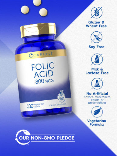 Carlyle Folic Acid 800 Mcg Tablets | 400 Count | Vegetarian, Non-Gmo, Gluten Free