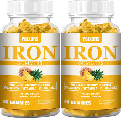 2 Packs 100Mg Iron Supplement Gummies For Women & Men - With Vitamin A, C, B - Blood Builder &Energy Support For Iron Deficiency, Anemia, Adults &Children, Vegan, Pineapple Flavor Gummy, 120Ct