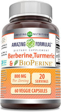 Amazing Nutrition Formulas Berberine Turmeric & Bioperine 800mg Per Serving 60 Veggie Capsules Supplement | Non GMO | Gluten | Made in USA | Ideal for Vegetarians