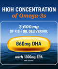 Triple Strength DHA Omega 3 Fish Oil 3600 mg Over 2100mg Omega-3 Fatty Acids with 860mg of DHA 1300mg EPA Best Essential Fatty Acids Premium Wild Caught & Burpless Fish Oil 120 Softgels