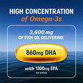 Triple Strength DHA Omega 3 Fish Oil 3600 mg Over 2100mg Omega-3 Fatty Acids with 860mg of DHA 1300mg EPA Best Essential Fatty Acids Premium Wild Caught & Burpless Fish Oil 120 Softgels