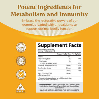 Immunity Sambucus Elderberry Gummies for Adults - Halal Black Elderberry Gummy Metabolism Booster with Zinc and Vitamin C - Anti Aging Super Antioxidant Supplement Immunity Gummies for Joint Support