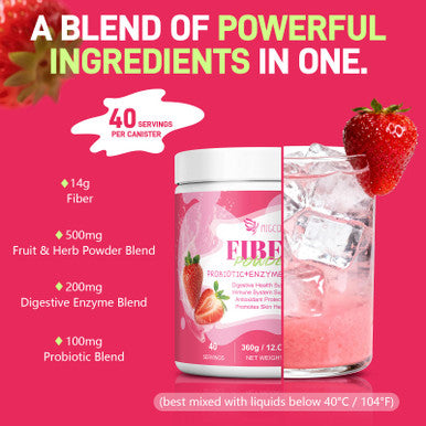 Migcopat 14G Fiber Supplement With Probiotics Prebiotics Digestive Enzymes Vitamin C Magnesium Fruit&Herb Powder Fiber Powder For Digestive Health & Skin Health No Sugar Strawberry 40 Serv