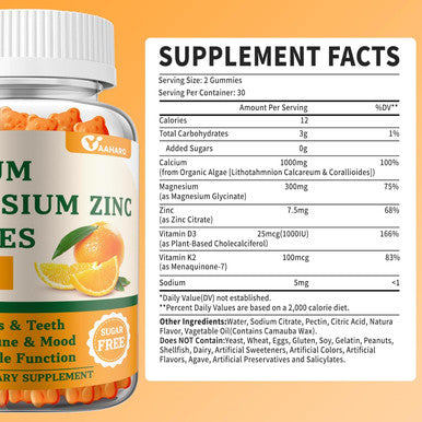 (2 Pack) Calcium Magnesium Zinc Gummies With Vitamin D3 & K2 - Sugar Calcium Gummies For Women And Men - Bone & Immune Support - Non-Gmo, Gluten-Free, Orange Flavored - 120 Count