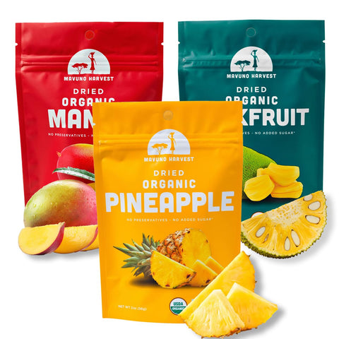 Mavuno Harvest Organic Dried Fruit Variety Pack | Dried Mango, Papaya, Pineapple, Banana, Jackfruit, & Tropical Mix | Healthy, Vegan, No Sugar Added, Non GMO Snacks for Kids & Adults | 2 Ounce, 6 Pack
