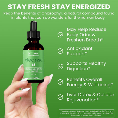 Wellpath Chlorophyll Liquid Drops With Copper - High Potency Vegan Liquid Chlorophyll For Body Odor Liver Detox Digestion Support & Immune Support - Internal Deodorant Made In Usa Non-Gmo 2 Fl Oz
