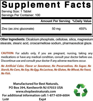 Best Naturals Zinc 50mg Supplements (as Zinc Gluconate) - Zinc Vitamins for Adults Immune Support - 100 Tablets (100 Count (Pack of 1))