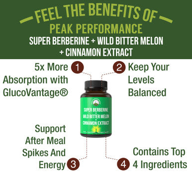 Ultra High Strength 4-In-1 Super Berberine Patented Glucovantage + Wild Bitter Melon + Cinnamon Extract + Chromium Picolinate
