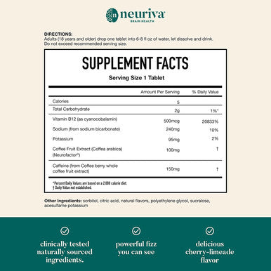 NEURIVA Brain Energy Supplement with Clinically Tested Neurofactor For Focus Concentration Vitamin B12 150mg of Caffeine For An Immediate Energy Boost 30ct Cherry Limeade Effervescent Tablets