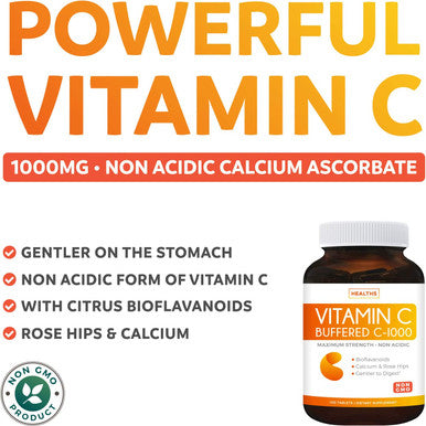 Buffered Vitamin C 1000mg Tablets NonGMO Immune Support Supplement with VIT C Citrus Bioflavonoids Calcium Ascorbate and Rose Hips Immune System Booster 100 Tablets No Pills or Gummies