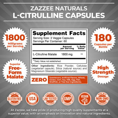 Zazzee High Strength L-Citrulline Malate, 1800 Mg Per Serving, 180 Vegan Capsules, 60 Day Supply, High Absorption With Superior