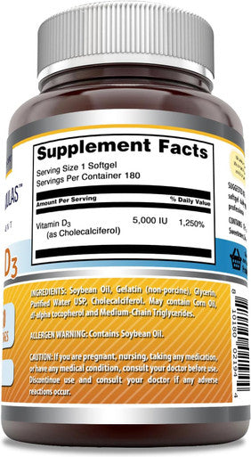Amazing Nutrition Formulas Vitamin D3 Cholecalciferol Supplement | 5000 IU Per Serving | Softgels | Non-GMO | Gluten- | Made in USA (180 Count)