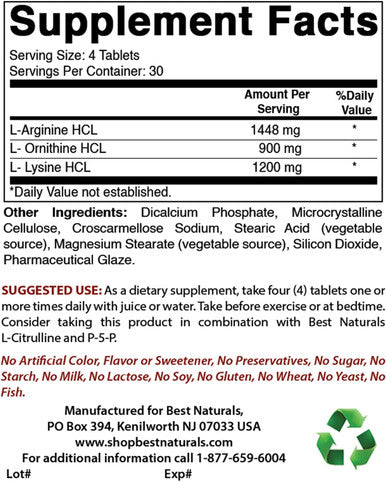 Best Naturals Tri-Amino with L-Arginine L-Ornithine L-Lysine 120 Tablets ( Improved Formula)