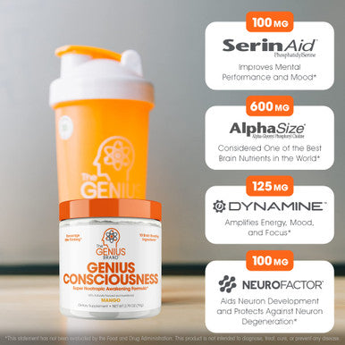 Genius Consciousness, Super Nootropic Brain Supplement Powder, Mango - Boost Focus, Cognitive Function, Concentration & Memory Booster - Alpha GPC & Lions Mane Mushroom for Neuro Energy & IQ