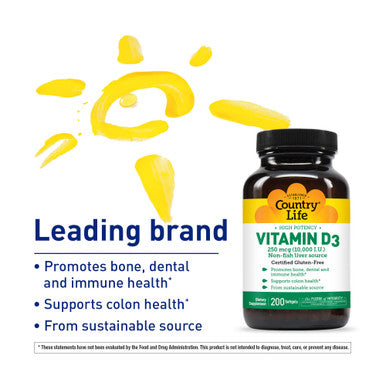 Country Life Vitamin D3 High Potency Non-Fish 10 000 Iu 200 Softgels Certified Gluten Free
