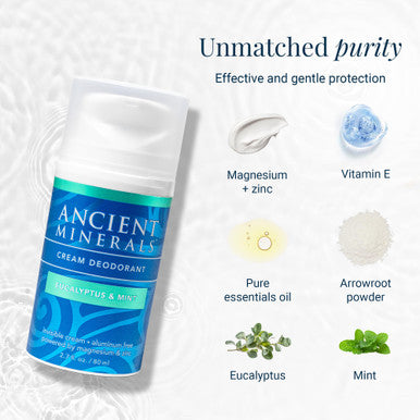 Ancient Minerals Natural Deodorant Cream Eucalyptus & Mint Scent Aluminum-Free Vegan Deodorant for Women and Men with Magnesium Zinc & Vitamin E for Sensitive Skin 2 oz