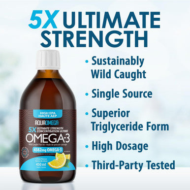 Aquaomega 5X Ultimate Strength High Epa Omega 3 Liquid With Dha And Vitamin D - Wild Caught Omega 3 Fish Oil Liquid - 4382Mg Of Omega 3 Supplements - 450Ml Lemon