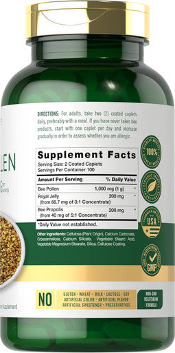 Carlyle Bee Pollen Supplement | 1000mg | 200 Caplets | with Royal Jelly and Bee Propolis | for Men and Women | Vegetarian Non-GMO Gluten